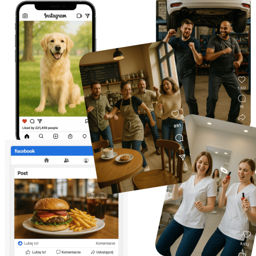 post ig, reels, post na fb. Tańczący ludzie, pies, posiłek